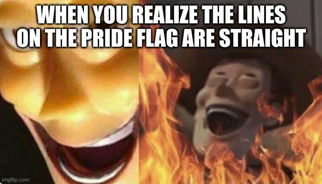 Satanic woody (no spacing) | WHEN YOU REALIZE THE LINES ON THE PRIDE FLAG ARE STRAIGHT | image tagged in satanic woody no spacing | made w/ Imgflip meme maker