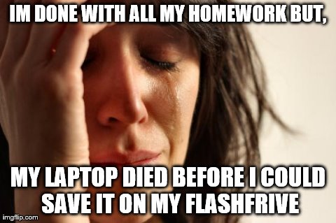 First World Problems Meme | IM DONE WITH ALL MY HOMEWORK BUT, MY LAPTOP DIED BEFORE I COULD SAVE IT ON MY FLASHFRIVE | image tagged in memes,first world problems | made w/ Imgflip meme maker