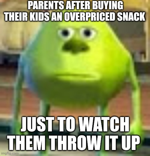 Sully Wazowski | PARENTS AFTER BUYING THEIR KIDS AN OVERPRICED SNACK; JUST TO WATCH THEM THROW IT UP | image tagged in sully wazowski | made w/ Imgflip meme maker