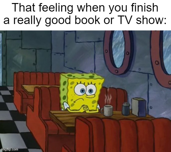 "Now what am I supposed to do with my life?" | That feeling when you finish a really good book or TV show: | image tagged in sad spongebob,relatable memes,memes,funny,so true memes,me irl | made w/ Imgflip meme maker