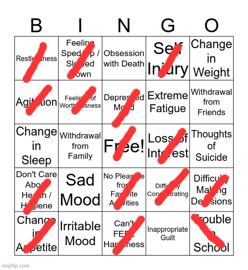 BINGO | image tagged in depression bingo 1,imagine reading my tag | made w/ Imgflip meme maker