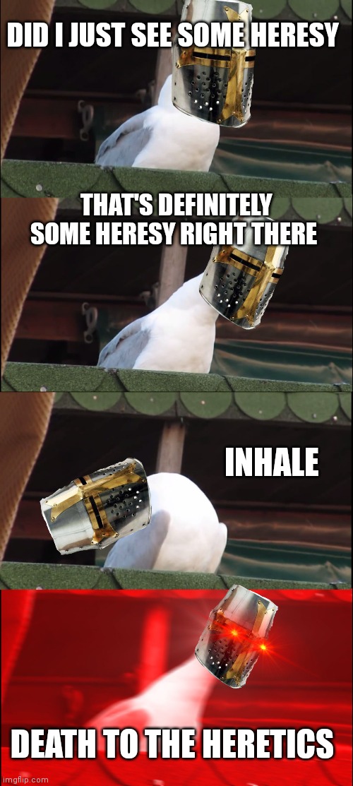 Inhaling Seagull | DID I JUST SEE SOME HERESY; THAT'S DEFINITELY SOME HERESY RIGHT THERE; INHALE; DEATH TO THE HERETICS | image tagged in memes,inhaling seagull | made w/ Imgflip meme maker