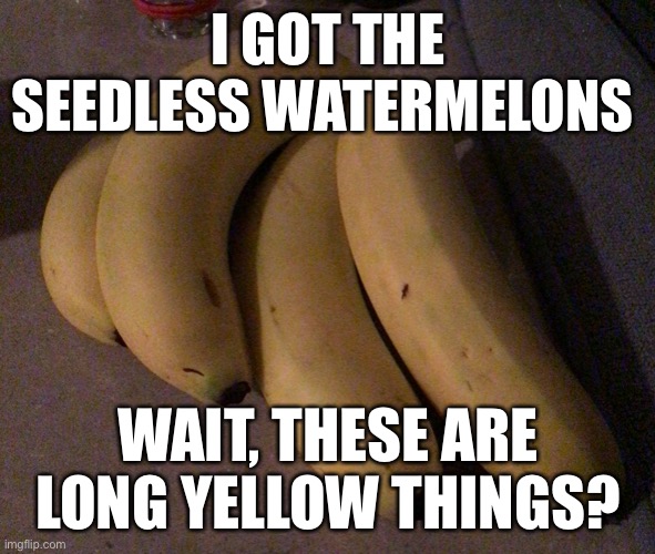 What? | I GOT THE SEEDLESS WATERMELONS; WAIT, THESE ARE LONG YELLOW THINGS? | image tagged in watermelon,memes,you had one job,yummy | made w/ Imgflip meme maker