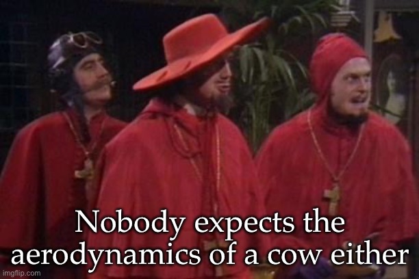 Aerodynamics of a cow | Nobody expects the aerodynamics of a cow either | image tagged in nobody expects the spanish inquisition monty python,cow,aerodynamics | made w/ Imgflip meme maker