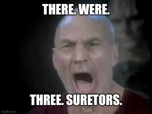 Picard Four Lights | THERE. WERE. THREE. SURETORS. | image tagged in picard four lights | made w/ Imgflip meme maker