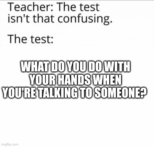 the test isn't that confusing | WHAT DO YOU DO WITH YOUR HANDS WHEN YOU'RE TALKING TO SOMEONE? | image tagged in the test isn't that confusing | made w/ Imgflip meme maker