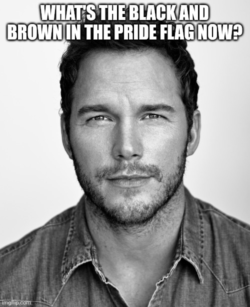 chris pratt | WHAT'S THE BLACK AND BROWN IN THE PRIDE FLAG NOW? | image tagged in chris pratt | made w/ Imgflip meme maker