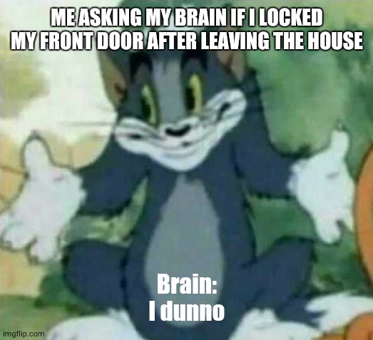 happens way to often than should | ME ASKING MY BRAIN IF I LOCKED MY FRONT DOOR AFTER LEAVING THE HOUSE; Brain:
I dunno | image tagged in tom i dont know meme,memes,wannabe,iceu,i dont know,help | made w/ Imgflip meme maker
