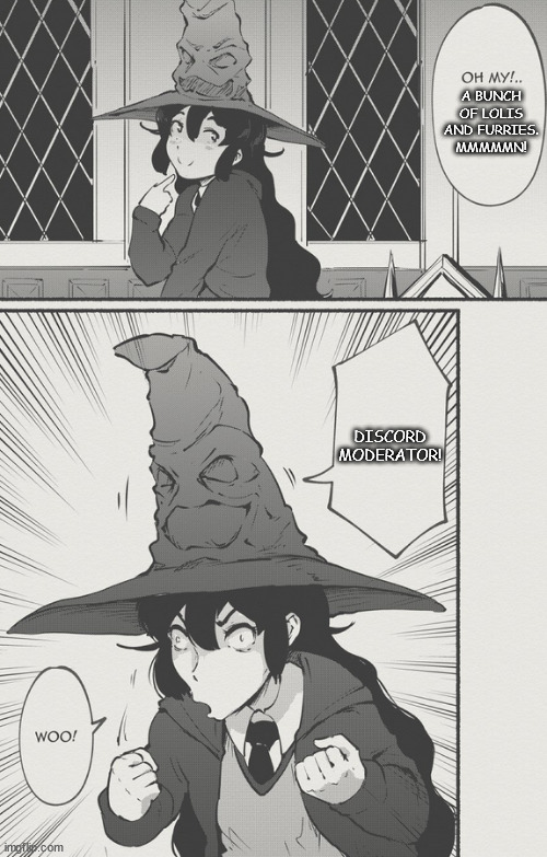 Discord Lolis | A BUNCH OF LOLIS AND FURRIES.
MMMMMN! DISCORD MODERATOR! | image tagged in manga,sorting,hat,discord,moderator,harry potter | made w/ Imgflip meme maker