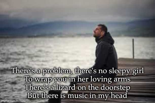 Problem | There's a problem, there's no sleepy girl
To wrap you in her loving arms
There's a lizard on the doorstep
But there is music in my head | image tagged in lonely man,problem,cuddle,girl,sleepy,love | made w/ Imgflip meme maker