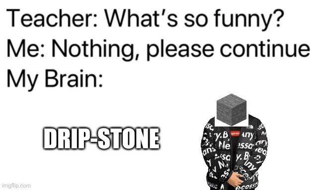 The drippy stone ☠️ | DRIP-STONE | image tagged in teacher what's so funny,memes,drip,minecraft,lmao,brain | made w/ Imgflip meme maker