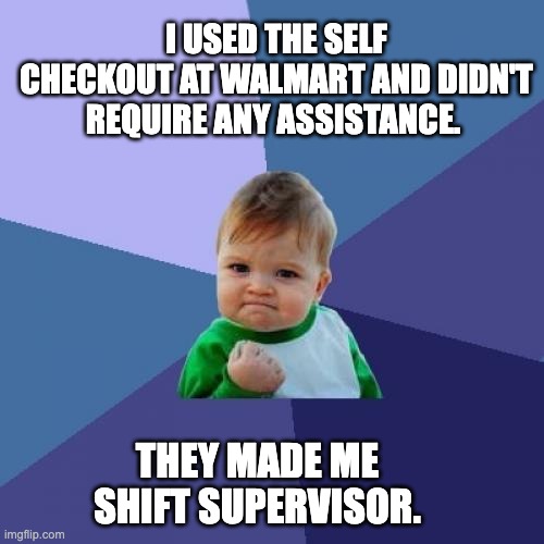Checkout | I USED THE SELF CHECKOUT AT WALMART AND DIDN'T REQUIRE ANY ASSISTANCE. THEY MADE ME SHIFT SUPERVISOR. | image tagged in memes,success kid | made w/ Imgflip meme maker