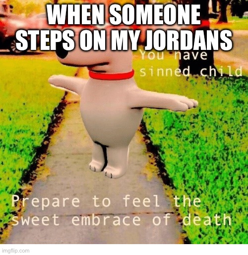 Hmmmmmmmmmmmmmmmmmmmmmmm | WHEN SOMEONE STEPS ON MY JORDAN’S | image tagged in you have sinned child prepare to feel the sweet embrace of death | made w/ Imgflip meme maker