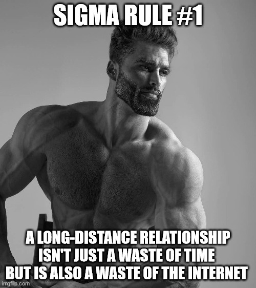 sitting giga chad | SIGMA RULE #1; A LONG-DISTANCE RELATIONSHIP ISN'T JUST A WASTE OF TIME  BUT IS ALSO A WASTE OF THE INTERNET | image tagged in sitting giga chad | made w/ Imgflip meme maker