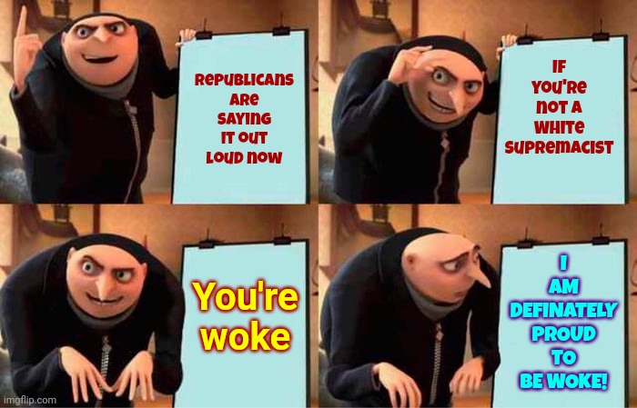 Republicans Blamed The Implosion On  "Woke" | I AM DEFINATELY PROUD TO BE WOKE! If you're not a White Supremacist; Republicans
are saying it out loud now; You're woke | image tagged in memes,gru's plan,woke,wake up,special kind of stupid,scumbag republicans | made w/ Imgflip meme maker