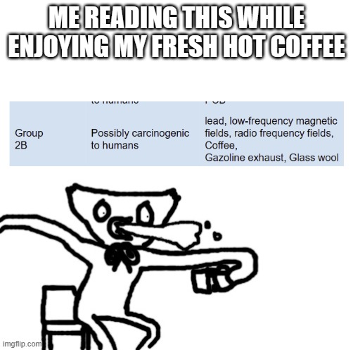 Huggy Wuggy spits out his coffee | ME READING THIS WHILE ENJOYING MY FRESH HOT COFFEE | image tagged in huggy wuggy spits out his coffee | made w/ Imgflip meme maker