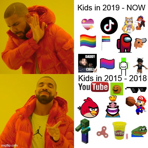 Drake Hotline Bling Meme | Kids in 2019 - NOW; Kids in 2015 - 2018 | image tagged in memes,drake hotline bling | made w/ Imgflip meme maker