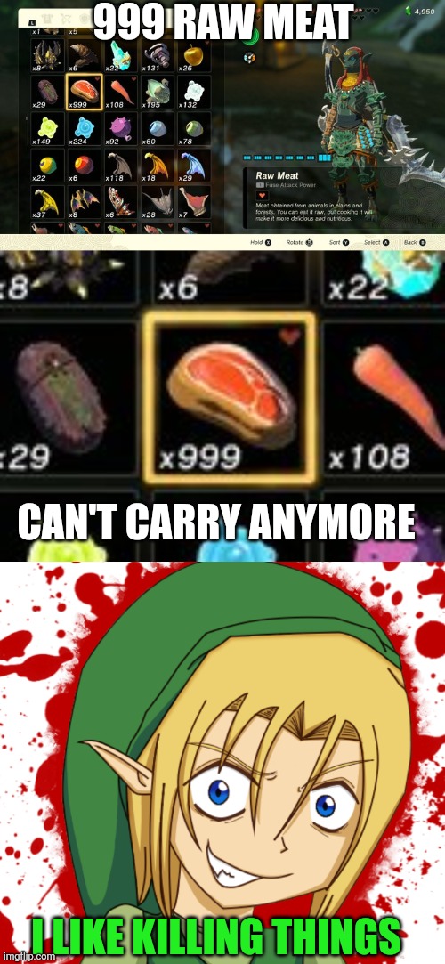 GUESS I'M GONNA HAVE TO START SELLING | 999 RAW MEAT; CAN'T CARRY ANYMORE; I LIKE KILLING THINGS | image tagged in the legend of zelda breath of the wild,the legend of zelda,tears of the kingdom | made w/ Imgflip meme maker
