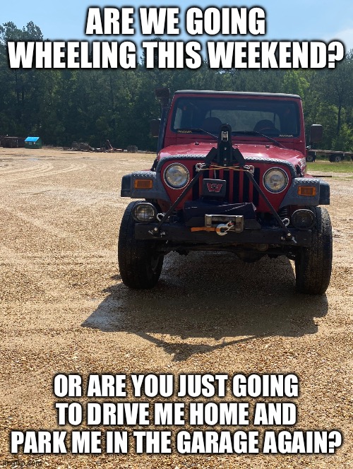 Dolly the Jeep | ARE WE GOING WHEELING THIS WEEKEND? OR ARE YOU JUST GOING TO DRIVE ME HOME AND PARK ME IN THE GARAGE AGAIN? | image tagged in jeep,mudding,dollythejeep,dolly | made w/ Imgflip meme maker