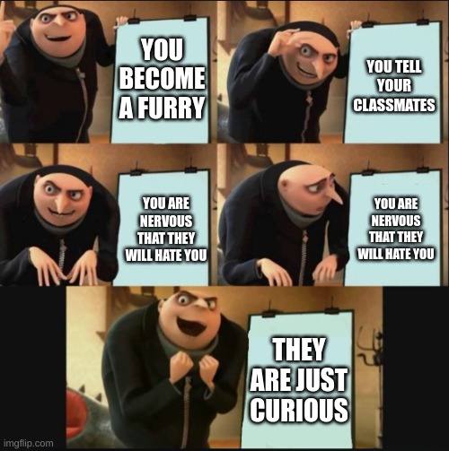 truth | YOU BECOME A FURRY; YOU TELL YOUR CLASSMATES; YOU ARE NERVOUS THAT THEY WILL HATE YOU; YOU ARE NERVOUS THAT THEY WILL HATE YOU; THEY ARE JUST CURIOUS | image tagged in 5 panel gru meme,furry,furry fun | made w/ Imgflip meme maker