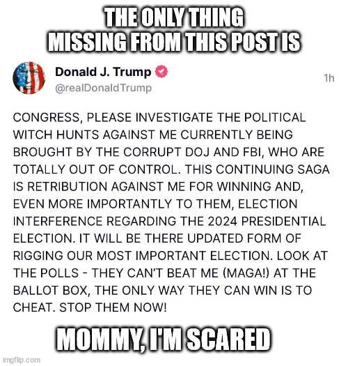 THE ONLY THING MISSING FROM THIS POST IS; MOMMY, I'M SCARED | made w/ Imgflip meme maker