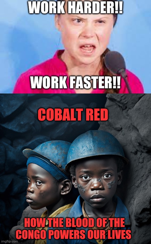 COBALT RED; HOW THE BLOOD OF THE CONGO POWERS OUR LIVES | image tagged in greta thunberg,tesla,climate change,republicans,donald trump | made w/ Imgflip meme maker