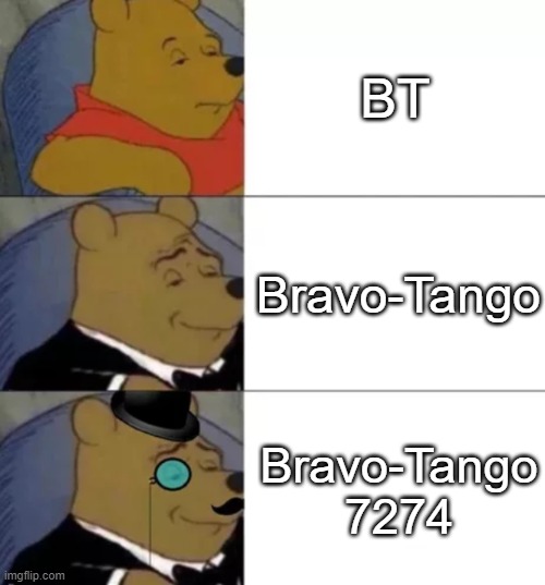 Fancy pooh | BT; Bravo-Tango; Bravo-Tango 7274 | image tagged in fancy pooh | made w/ Imgflip meme maker