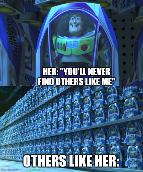 Buzz lightyear clones | HER: "YOU'LL NEVER FIND OTHERS LIKE ME"; OTHERS LIKE HER: | image tagged in buzz lightyear clones | made w/ Imgflip meme maker