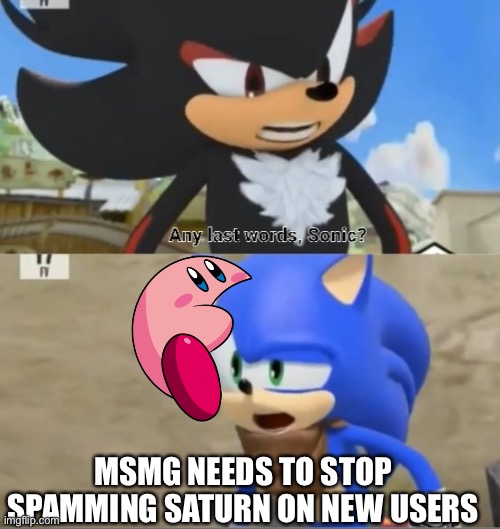 Any last words, Sonic? | MSMG NEEDS TO STOP SPAMMING SATURN ON NEW USERS | image tagged in any last words sonic | made w/ Imgflip meme maker