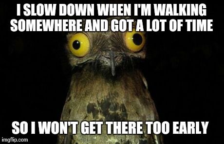 Weird Stuff I Do Potoo Meme | I SLOW DOWN WHEN I'M WALKING SOMEWHERE AND GOT A LOT OF TIME  SO I WON'T GET THERE TOO EARLY | image tagged in memes,weird stuff i do potoo | made w/ Imgflip meme maker