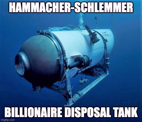 Billionaire disposal | HAMMACHER-SCHLEMMER; BILLIONAIRE DISPOSAL TANK | image tagged in sub,submarine,titan,billionaire | made w/ Imgflip meme maker