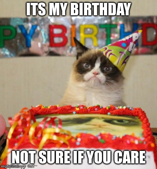 Grumpy Cat Birthday | ITS MY BIRTHDAY; NOT SURE IF YOU CARE | image tagged in memes,grumpy cat birthday,grumpy cat | made w/ Imgflip meme maker