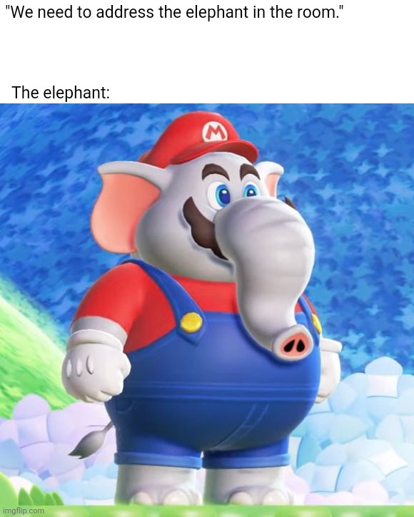 "We need to address the elephant in the room."; The elephant: | image tagged in elephant,mario,video game,videogame | made w/ Imgflip meme maker