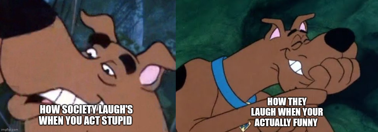 Know the difference people | HOW THEY LAUGH WHEN YOUR ACTUALLY FUNNY; HOW SOCIETY LAUGH'S WHEN YOU ACT STUPID | image tagged in funny memes,scooby doo,scooby mocking,know the difference,society on how they laugh | made w/ Imgflip meme maker
