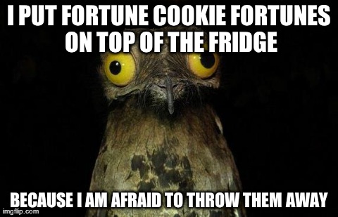 Weird Stuff I Do Potoo Meme | I PUT FORTUNE COOKIE FORTUNES ON TOP OF THE FRIDGE BECAUSE I AM AFRAID TO THROW THEM AWAY | image tagged in memes,weird stuff i do potoo,AdviceAnimals | made w/ Imgflip meme maker