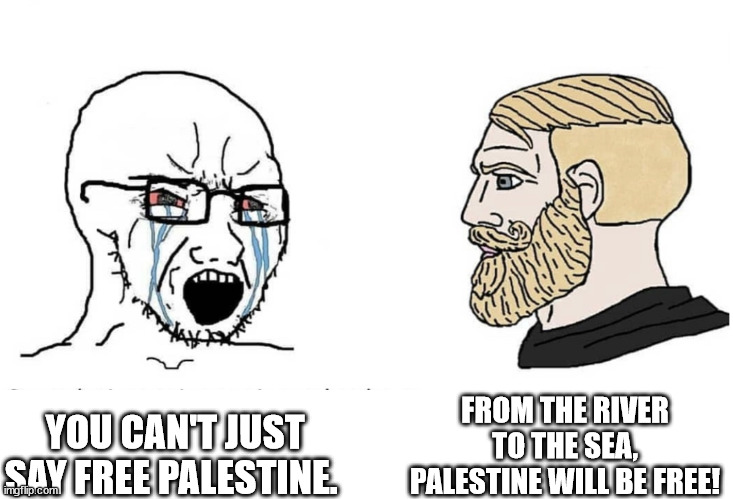 ZIONISTS BE LIKE | FROM THE RIVER TO THE SEA, PALESTINE WILL BE FREE! YOU CAN'T JUST SAY FREE PALESTINE. | image tagged in soyboy vs yes chad | made w/ Imgflip meme maker