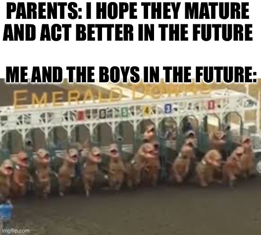 That looks really fun | PARENTS: I HOPE THEY MATURE AND ACT BETTER IN THE FUTURE; ME AND THE BOYS IN THE FUTURE: | image tagged in dinosaur,costumes,racing | made w/ Imgflip meme maker