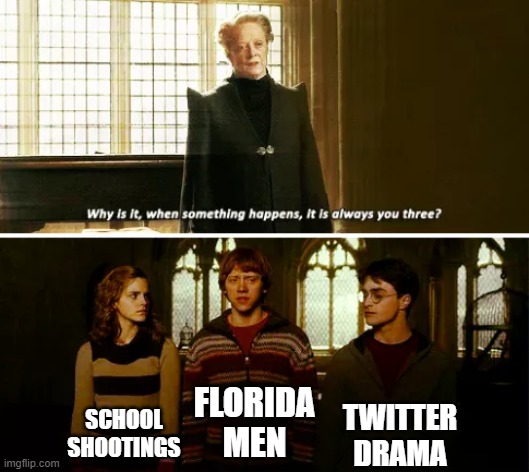 true tho | TWITTER DRAMA; SCHOOL SHOOTINGS; FLORIDA MEN | image tagged in always you three,memes,harry potter,florida man,twitter,front page plz | made w/ Imgflip meme maker