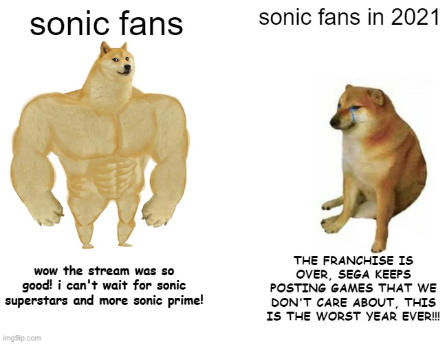 sonic fans be like | sonic fans; sonic fans in 2021; THE FRANCHISE IS OVER, SEGA KEEPS POSTING GAMES THAT WE DON'T CARE ABOUT, THIS IS THE WORST YEAR EVER!!! wow the stream was so good! i can't wait for sonic superstars and more sonic prime! | image tagged in memes,buff doge vs cheems,sonic the hedgehog,sonic | made w/ Imgflip meme maker