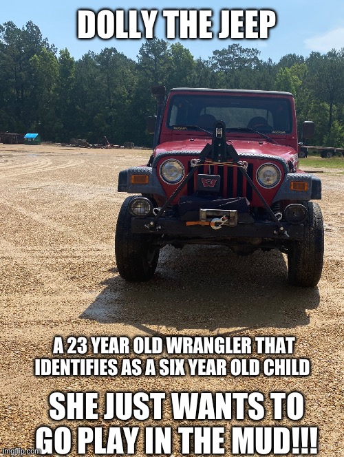 Dollythejeep just wants to play in the mud | DOLLY THE JEEP; A 23 YEAR OLD WRANGLER THAT IDENTIFIES AS A SIX YEAR OLD CHILD; SHE JUST WANTS TO GO PLAY IN THE MUD!!! | image tagged in dollythejeep,mud,jeep | made w/ Imgflip meme maker
