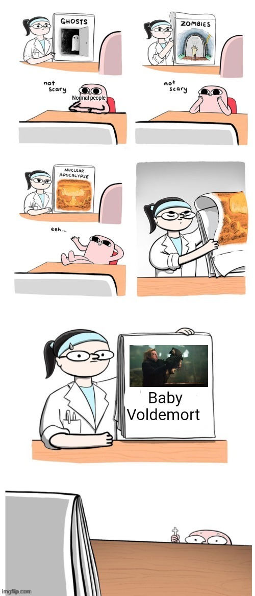 Baby Voldemort is actually very scary | Normal people; Baby Voldemort | image tagged in not scary | made w/ Imgflip meme maker
