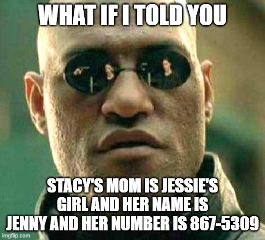 Guys, it's a repost, but I'm really proud of this meme. You don't have to "view" just enjoy pls <3 | WHAT IF I TOLD YOU; STACY'S MOM IS JESSIE'S GIRL AND HER NAME IS JENNY AND HER NUMBER IS 867-5309 | image tagged in what if i told you,repost | made w/ Imgflip meme maker