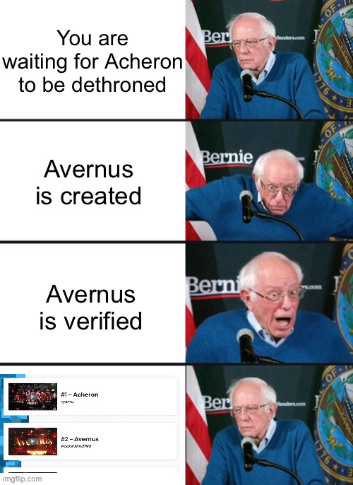 Well great | You are waiting for Acheron to be dethroned; Avernus is created; Avernus is verified | image tagged in bernie sander reaction change,acheron,avernus,extreme demon,demon list,relatable | made w/ Imgflip meme maker