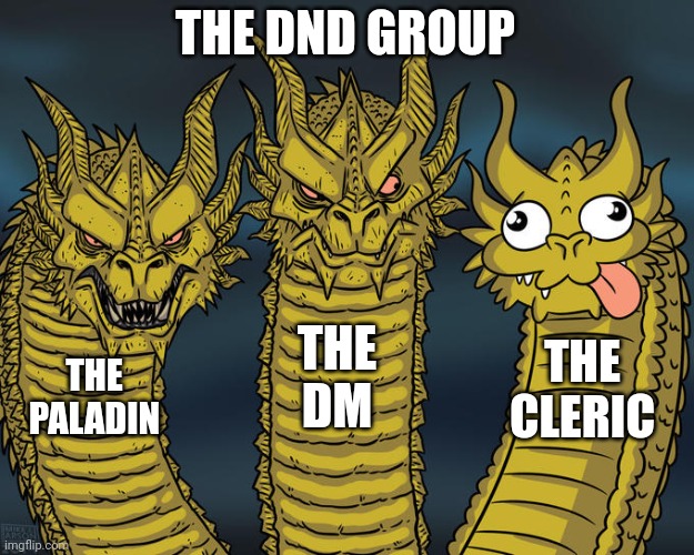 Three-headed Dragon | THE DND GROUP; THE DM; THE CLERIC; THE PALADIN | image tagged in three-headed dragon | made w/ Imgflip meme maker