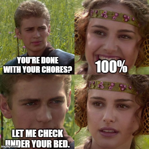 Anakin Padme 4 Panel | YOU'RE DONE WITH YOUR CHORES? 100%; LET ME CHECK UNDER YOUR BED. | image tagged in anakin padme 4 panel | made w/ Imgflip meme maker