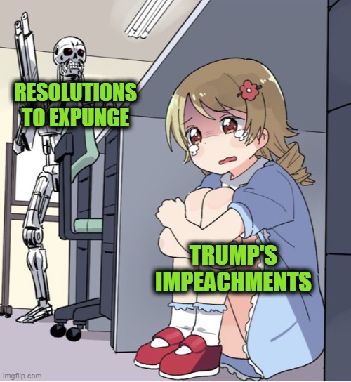 Neutralizing the Weaponized Power of Impeachment | RESOLUTIONS TO EXPUNGE; TRUMP'S IMPEACHMENTS | image tagged in anime girl hiding from terminator | made w/ Imgflip meme maker