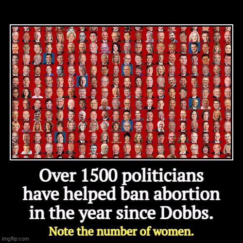 How to elect Democrats. | Over 1500 politicians have helped ban abortion in the year since Dobbs. | Note the number of women. | image tagged in funny,demotivationals,supreme court,abortion,politicians,male | made w/ Imgflip demotivational maker