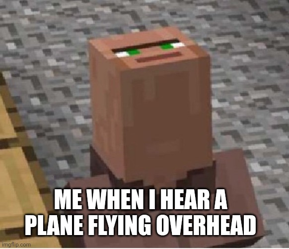 Wat | ME WHEN I HEAR A PLANE FLYING OVERHEAD | image tagged in minecraft villager looking up | made w/ Imgflip meme maker