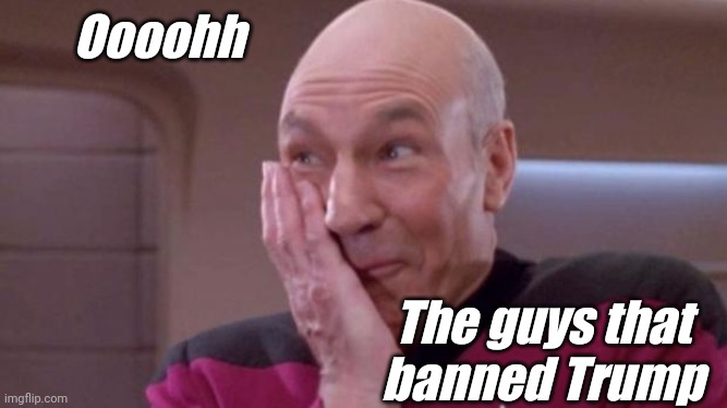 Picard giggle | Oooohh The guys that banned Trump | image tagged in picard giggle | made w/ Imgflip meme maker