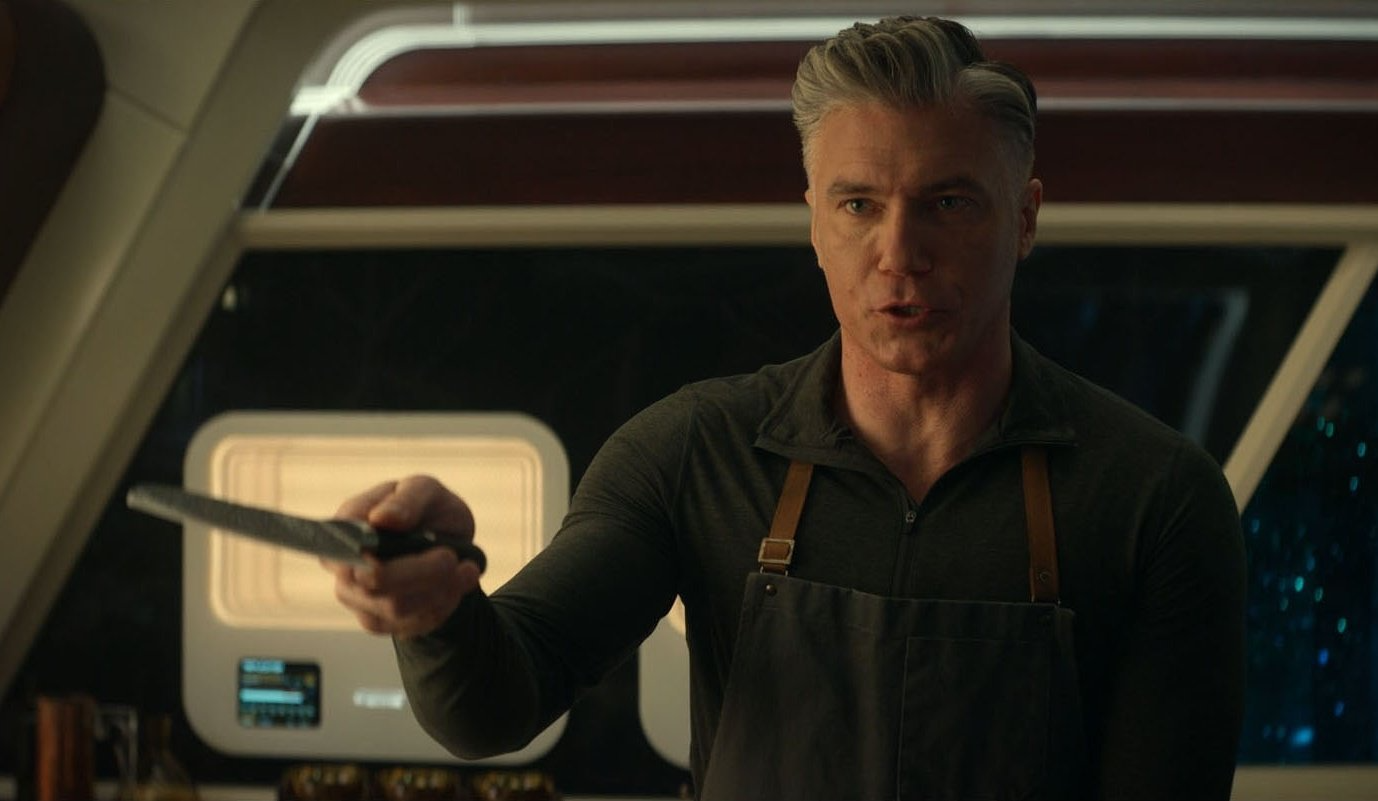 Captain Pike pointing with knife Blank Meme Template